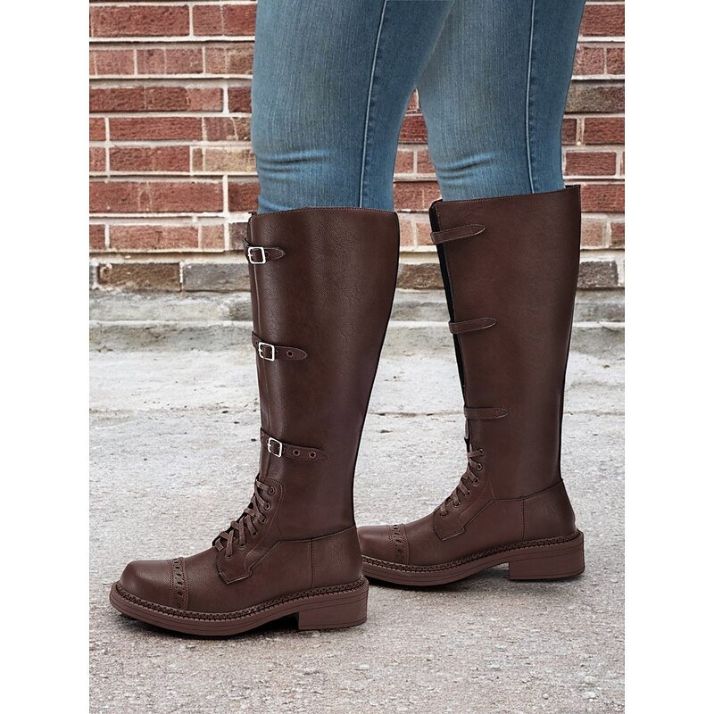 Women's Wide-Calf Lace-Up Combat Boots with Buckle Straps, Rugged Sole - Comfortable & Stylish for Casual and Outdoor Wear3