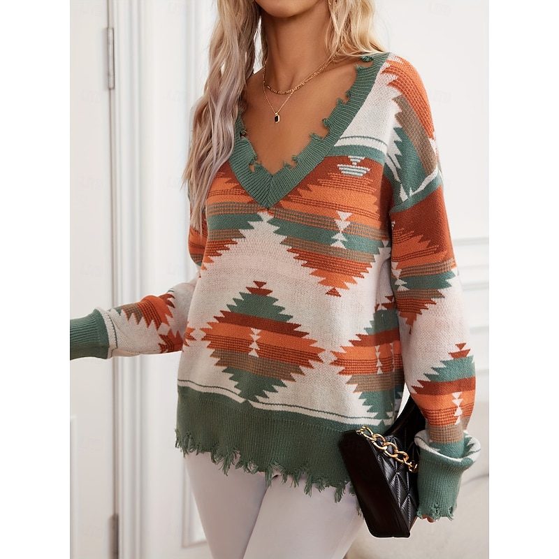 Women's Sweater Pullover Sweater Jumper Vintage Ethnic Style Casual Geometric Ribbed V Neck Knitted Long Sleeve Regular Tops Knit Outdoor Daily Weekend Royal Blue Purple Fall Winter2