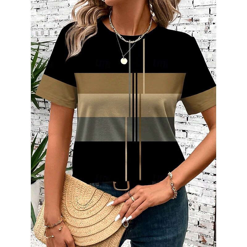 Women's T Shirt Casual Striped Print Short Sleeve Regular Tops Round Neck Daily Green Summer3