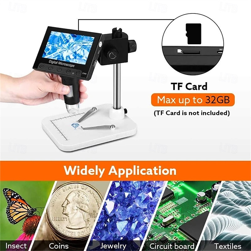 4.3"LCD Display USB Digital Electronic Microscope Endoscope Record 1000X 2 Megapixels with 8 LED Stand for Repair Soldering4