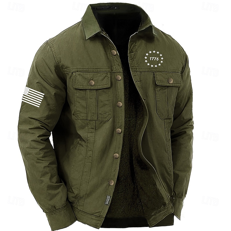 Men's American US Flag Work Shirt Western Shirt Cargo Shirt Long Sleeve Casual Sports & Outdoor Going out Fall Winter Turndown Print Army Green Khaki