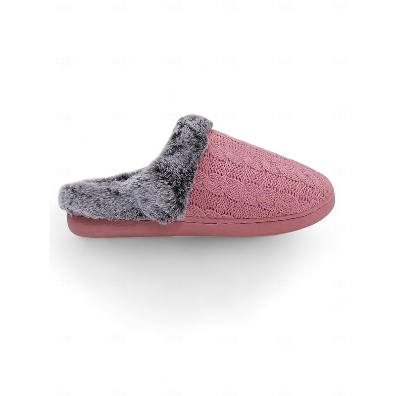 Women's Pink Knit Slippers with Faux Fur Lining – Warm and Cozy Indoor Shoes for Winter Comfort3
