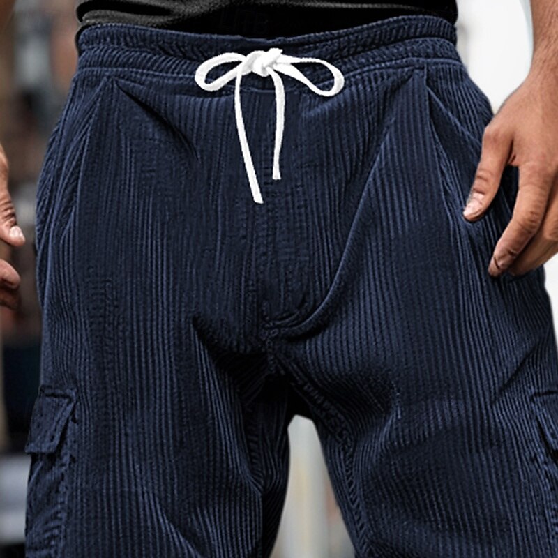 Men's Cargo Pants Corduroy Pants Trousers Baggy Pants Casual Pants Pocket Elastic Waist Straight Leg Plain Comfort Soft Full Length Outdoor Daily Going out Fashion Streetwear Black Royal Blue2