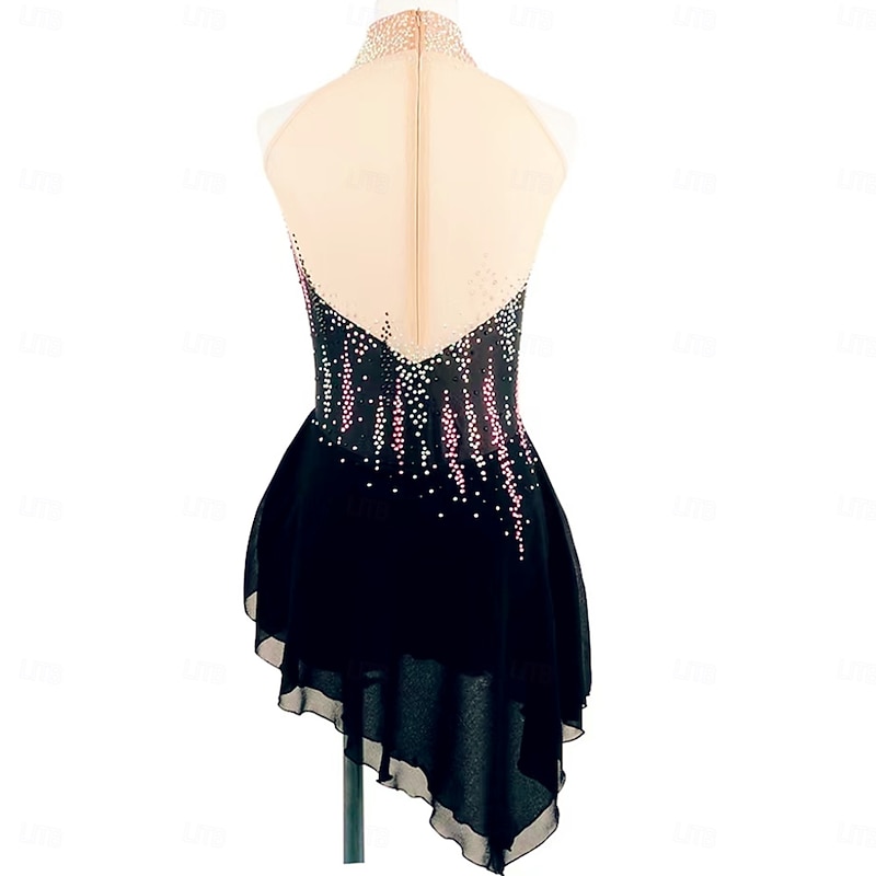 Figure Skating Dress Women's Girls' Ice Skating Dress Black Red Halo Dyeing Asymmetric Hem Mesh Spandex Stretchy Training Practice Professional Skating Wear Thermal Warm Classic Crystal / Rhinestone2
