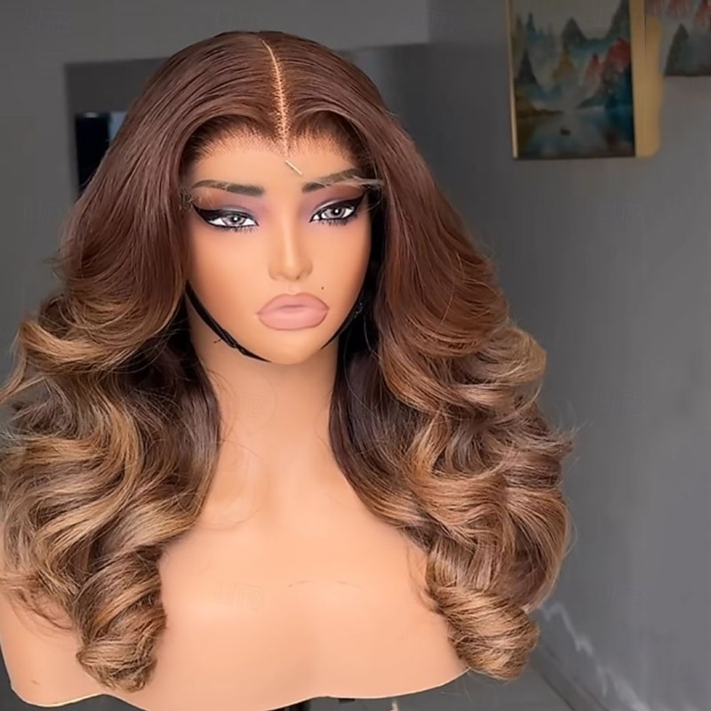 Brazilian Virgin Human Hair Glueless Ombre Lace Front Wavy Wig Auburn Light Brown Human Hair Wig  Two Tone Colored Wigs Pre-Plucked For Women