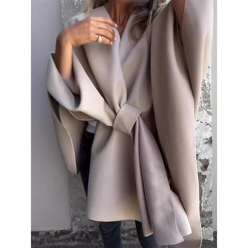 Women's Cloak / Capes Outdoor Street Daily Wear Fall Winter Regular Coat Regular Fit Thermal Warm Breathable Stylish Casual Jacket Long Sleeve Plain Oversize Fuchsia Brown Khaki