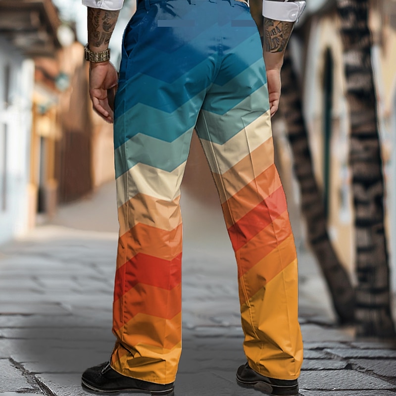 Men's Gradient Stripes Dress Pants Mid Waist Business Casual Formal Outdoor Dailywear Zipper Pocket Straight Leg Trousers Summer Spring Fall 3D Print Blue2