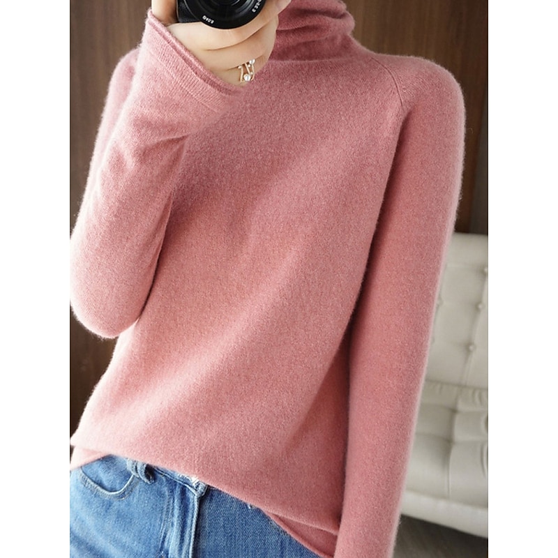 Women's Sweater Pullover Sweater Jumper Casual Soft Pure Color Ribbed Turtleneck Knitted Long Sleeve Regular Tops Knit Outdoor Daily Weekend Pink Camel Fall Winter2