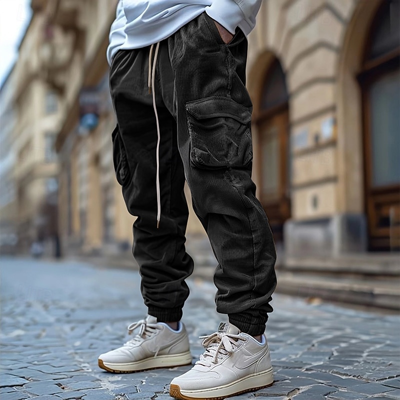 Men's Cargo Pants Corduroy Pants Trousers Casual Pants Jogger Pants Drawstring Elastic Waist Multi Pocket Plain Comfort Warm Full Length Outdoor Casual Daily Fashion Streetwear Black Blue2