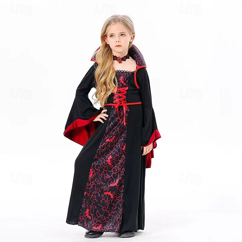 Kids Girls' Cosplay Dress Party Dress Color Block Long Sleeve Performance Halloween Party Patchwork Gothic Beautiful Polyester Maxi Party Dress Spring Fall 4-12 Years Wine2