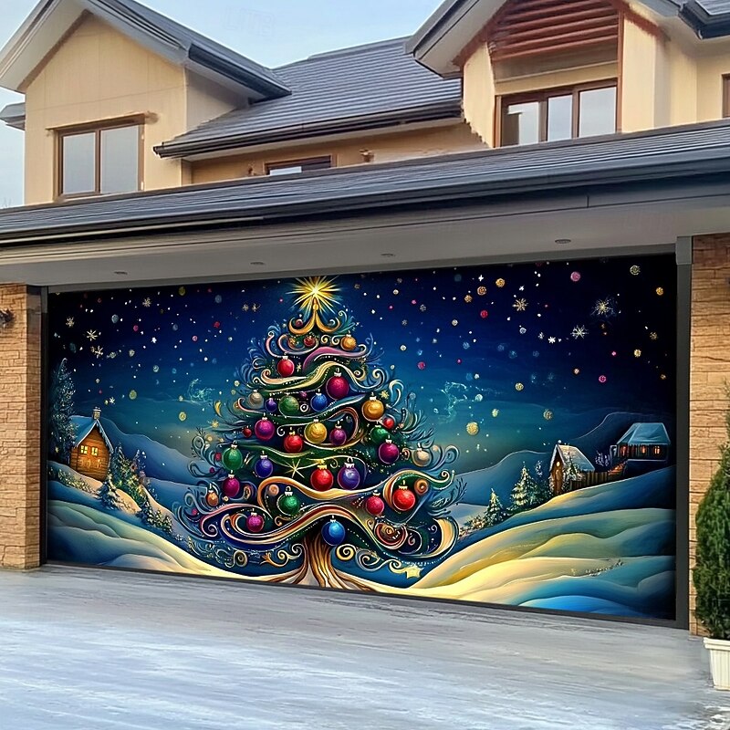 Christmas Door Decorations Outdoor Garage Door Cover Xmas Tree Banner Farmhouse Large Christmas Backdrop for Holiday Outdoor Garage Door Home Wall Decorations2