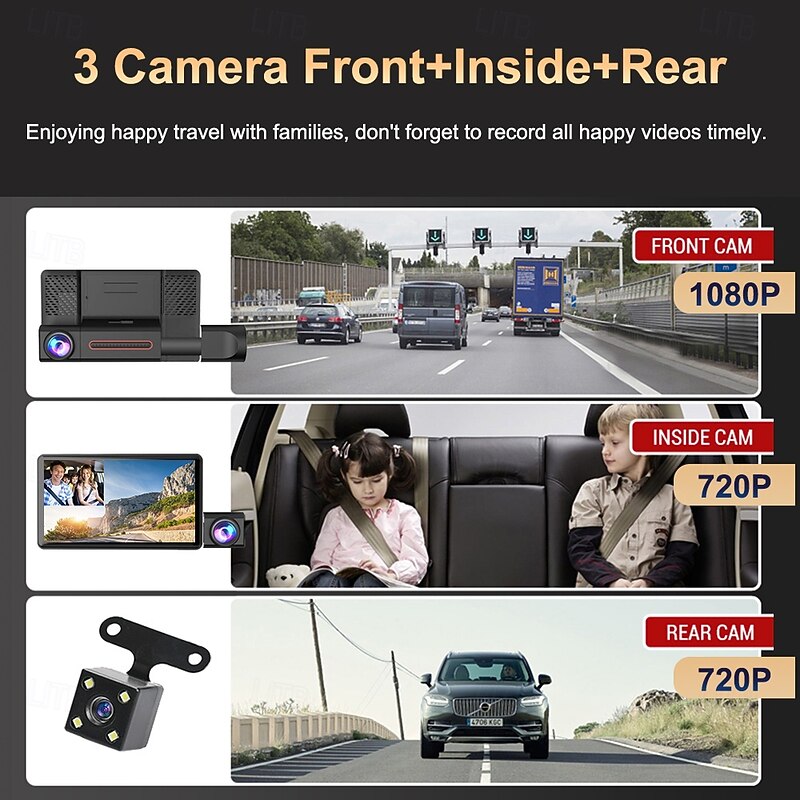 HD Car Dash Camera 3 Cameras 4 Inch LCD Backlit Display 360 Degree Rotatable 170 Degree Wide Angle Night Vision Auto Storage 1080P Car DVR4
