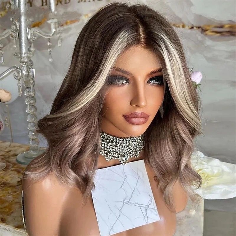 Remy Human Hair 5x5 Closure 13x4 Lace Front Wig Short Bob Brazilian Hair Wavy Blonde Multi-color Wig 130% 150% Density with Baby Hair Highlighted / Balayage Hair Glueless Pre-Plucked For Women Short2