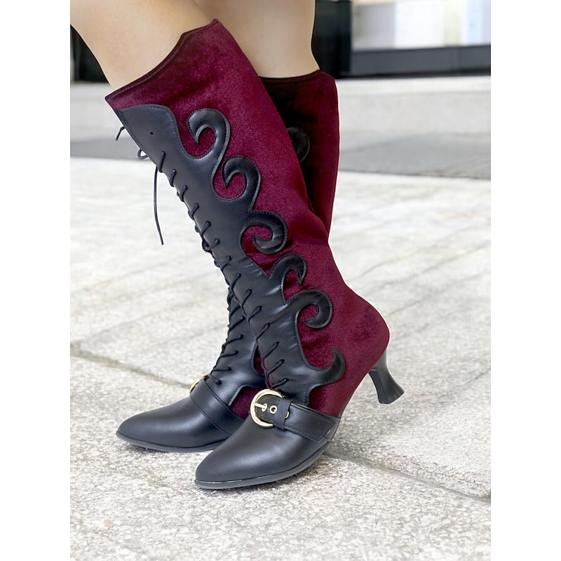 Women's Vintage Lace-Up Mid-Calf Boots with Buckle and Scroll Design – Gothic Victorian Style for Costume, Cosplay, and Special Occasions