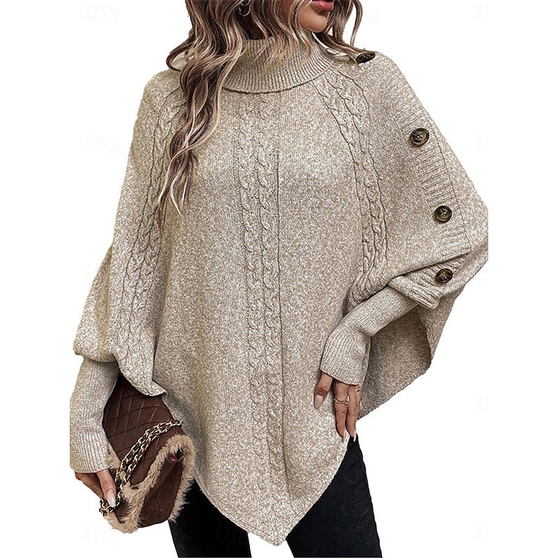 Women's Sweater Pullover Sweater Jumper Casual Soft Pure Color Ribbed Turtleneck Buttons Knitted Batwing Sleeve Long Sleeve Regular Tops Knit Outdoor Daily Weekend Khaki Fall Winter