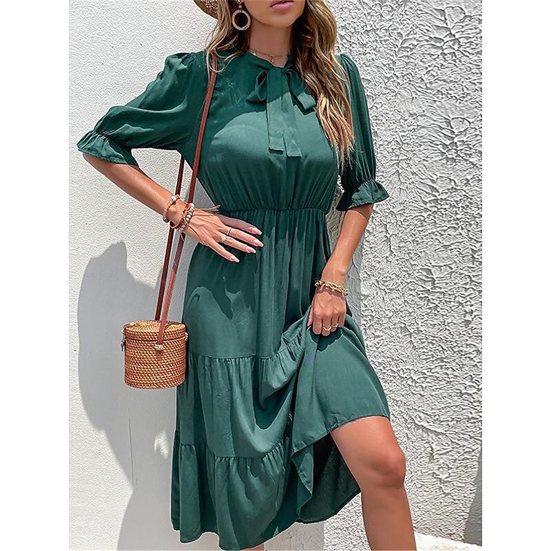 Women's Casual Dress Midi Dress Ruffle Casual Stand Collar Half Sleeve Black Wine Green Color3