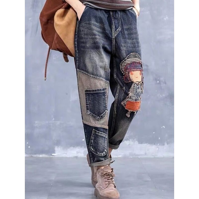 Women's Jeans Harem Pants Vintage Streetwear Mid Waist Embroidered Pocket Drawstring Micro-elastic Street Casual Blue Fall & Winter Regular Fit4