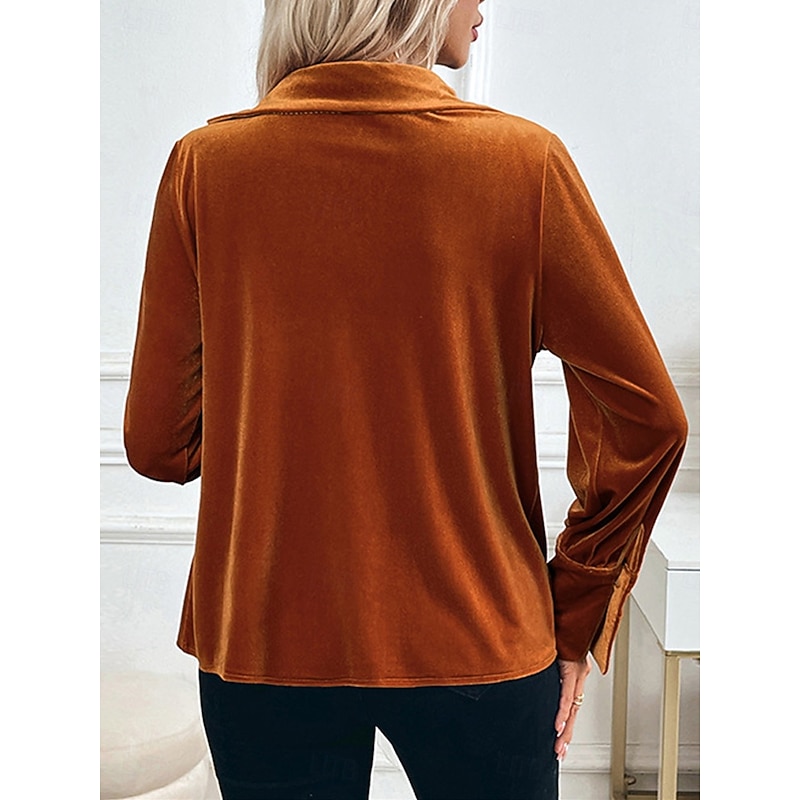 Women's Shirt Velvet Elegant Dressy Solid Color Casual Long Sleeve Cowl Neck Regular Tops Daily Brown Fall Winter2