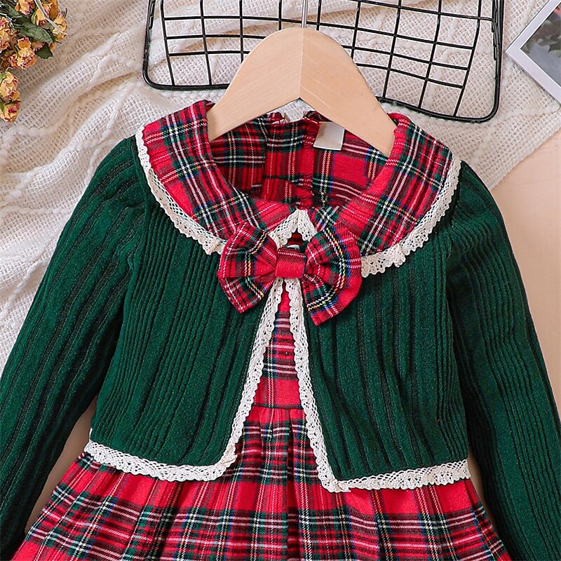 Kids Girls' Dress Plaid Ugly Long Sleeve Outdoor Party Tie Knot Adorable Beautiful Polyester Midi Casual Dress Dress Set Tank Dress Spring Fall 4 years+ Red4