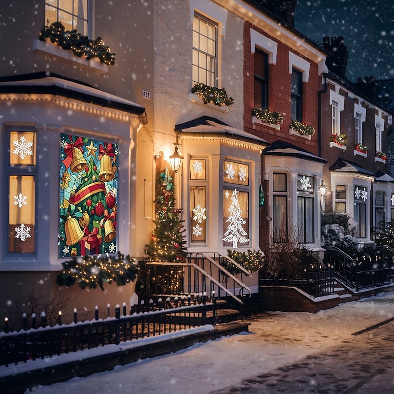 Christmas Window Cover Decorations, Fabric Stained Glass Jingle Bells Curtain Movie Poster Window Door Covering Decor for Christmas House, Window Clings Decals Indoor Outdoor3