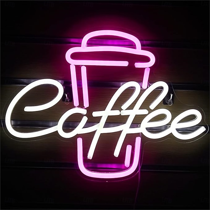 Coffee Neon Sign - Pink & White LED Neon Light for Cafe, Bar, Restaurant, USB Powered Wall Decor for Bedroom, Pub, Birthday Party
