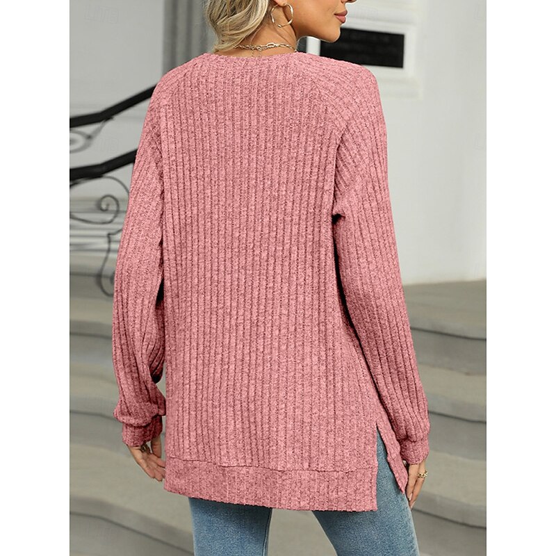 Women's T Shirt Plain Fashion Modern Casual Long Sleeve Crew Neck Regular Tops Daily Weekend Buttons Pink Blue Green Khaki Fall Winter 9