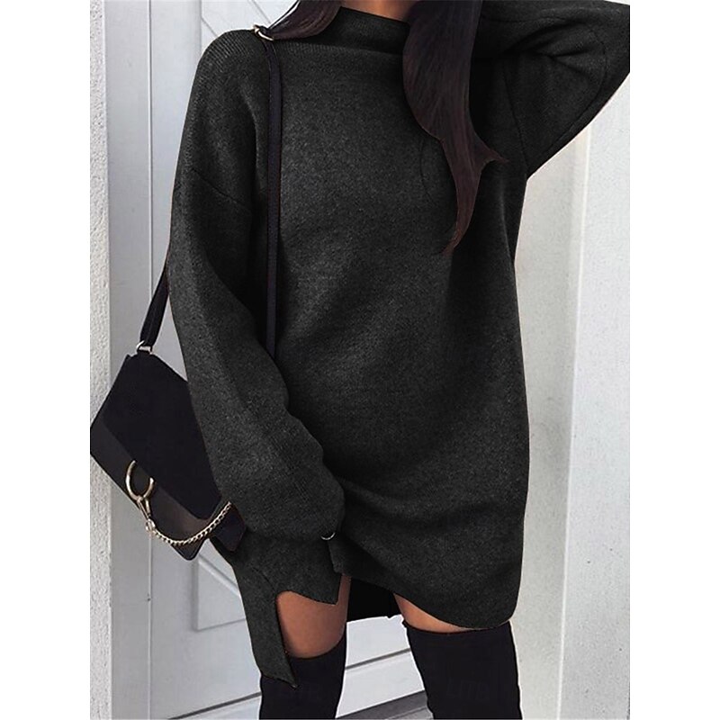 Women's Casual Dress Mini Dress Split Casual Stand Collar Long Sleeve Black Yellow Pink Color4