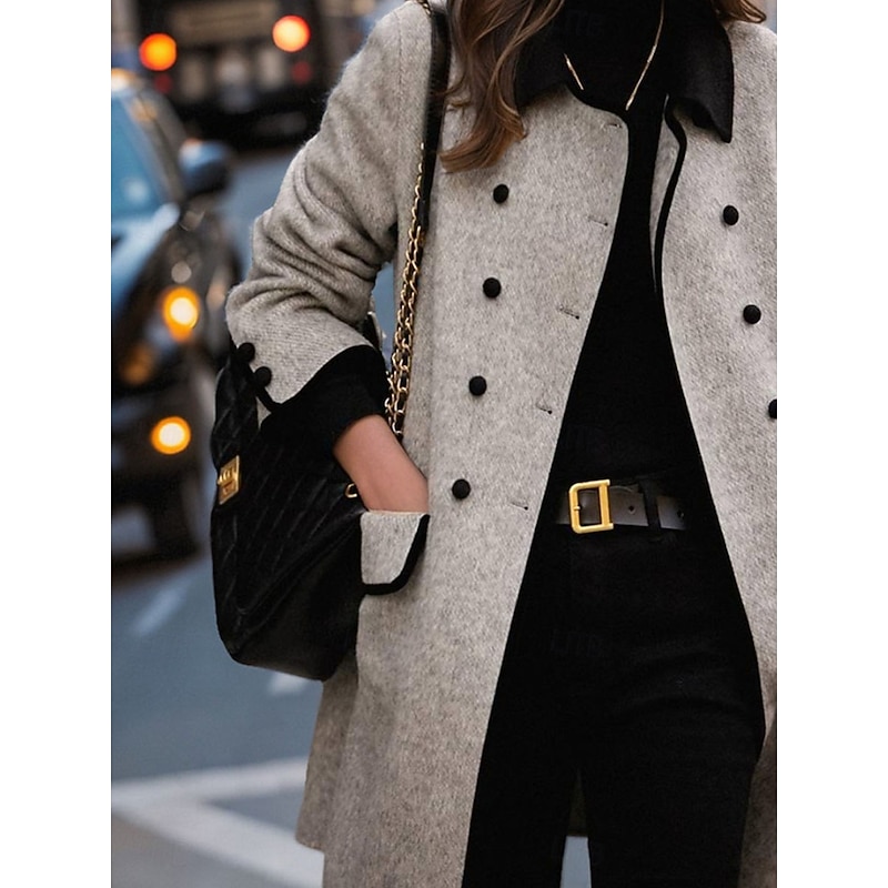 Women's Coat Outdoor Street Daily Wear Fall Winter Long Coat Regular Fit Thermal Warm Breathable Stylish Casual Jacket Long Sleeve Plain Stripes and Plaid with Pockets Gray3