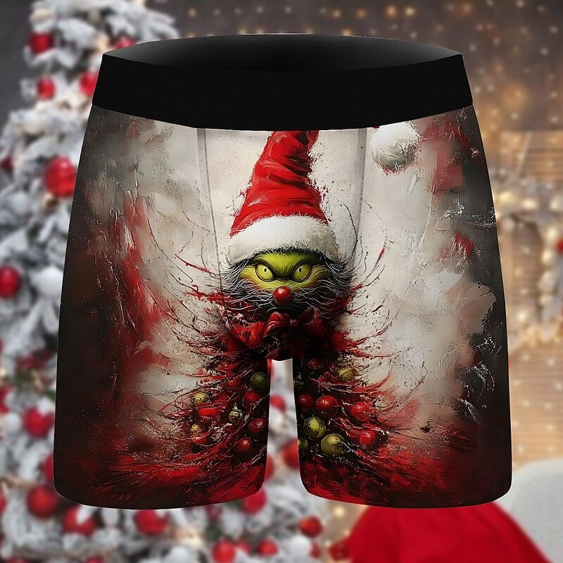 Santa Claus Green Monster Furry Christmas Pajamas Boxer Briefs Underwear Christmas Gift Men's Funny Christmas Pattern Adults Christmas New Year Christmas Eve Christmas Party2
