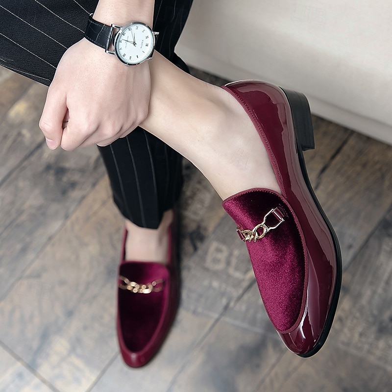 Men's Burgundy Velvet Loafers with Gold Chain Detail – Elegant Slip-On Dress Shoes for Formal Events and Parties4