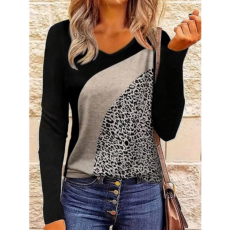 Women's T Shirt V Neck Long Sleeve Tunic Leopard Color Block Casual Regular Tops Daily Print Black Spring Fall3