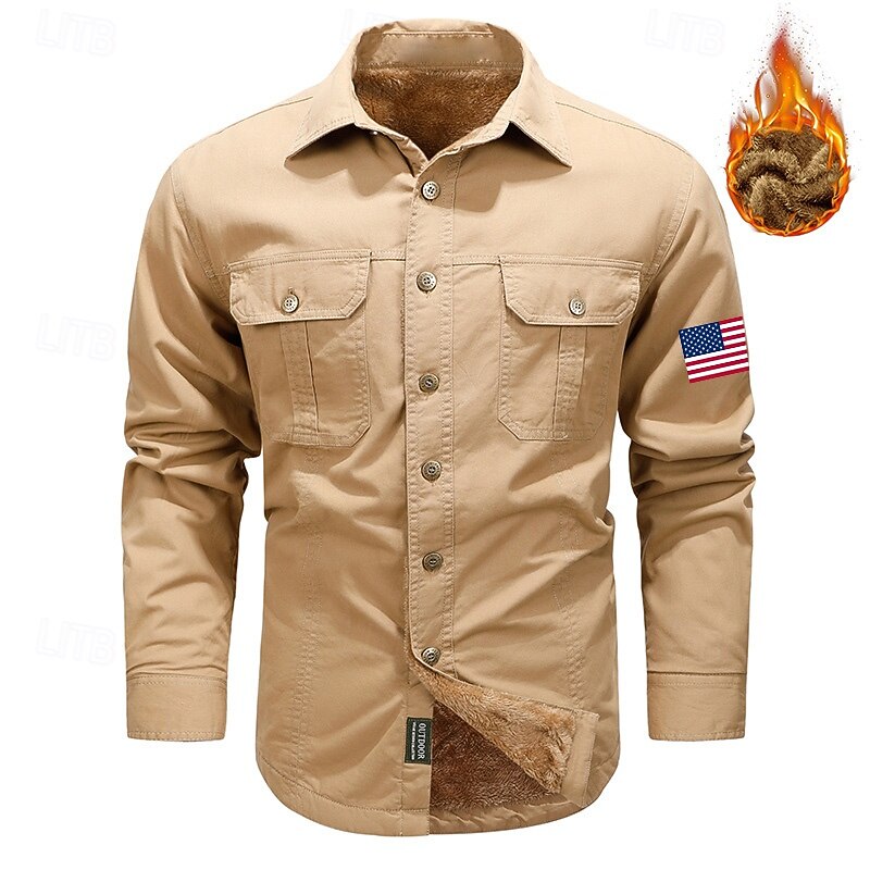 Men's American US Flag Work Shirt Western Shirt Cargo Shirt Long Sleeve Casual Sports & Outdoor Going out Fall Winter Turndown Print Black Army Green Khaki3