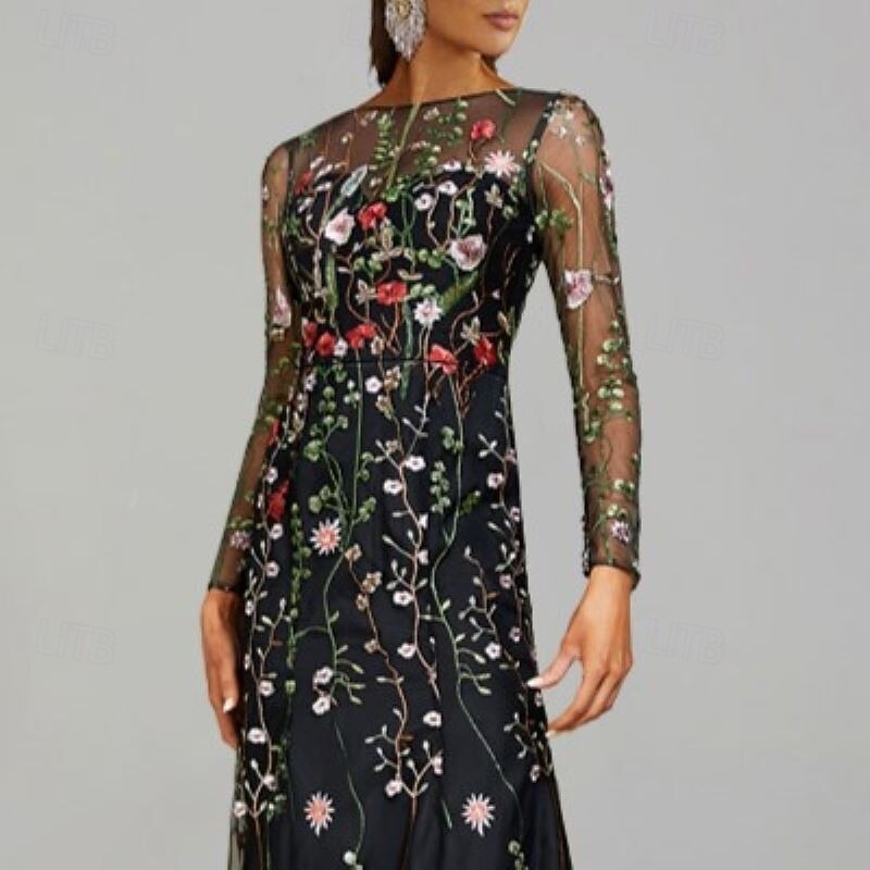 Beach Wedding Sheath Wedding Guest Dresses Floral Dress Semi Formal Garden Party Floor Length Long Sleeve Jewel Neck Fall Wedding Guest Tulle with Embroidery3