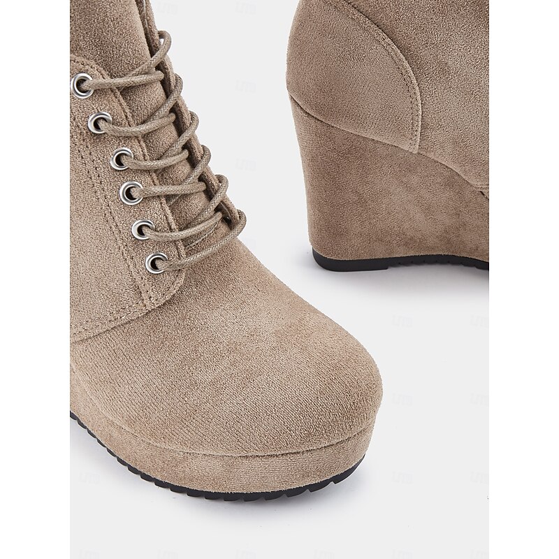 Women's Faux Suede Wedge Ankle Boots with Lace-Up Design - Comfortable Platform Boots for Casual and Everyday Wear4