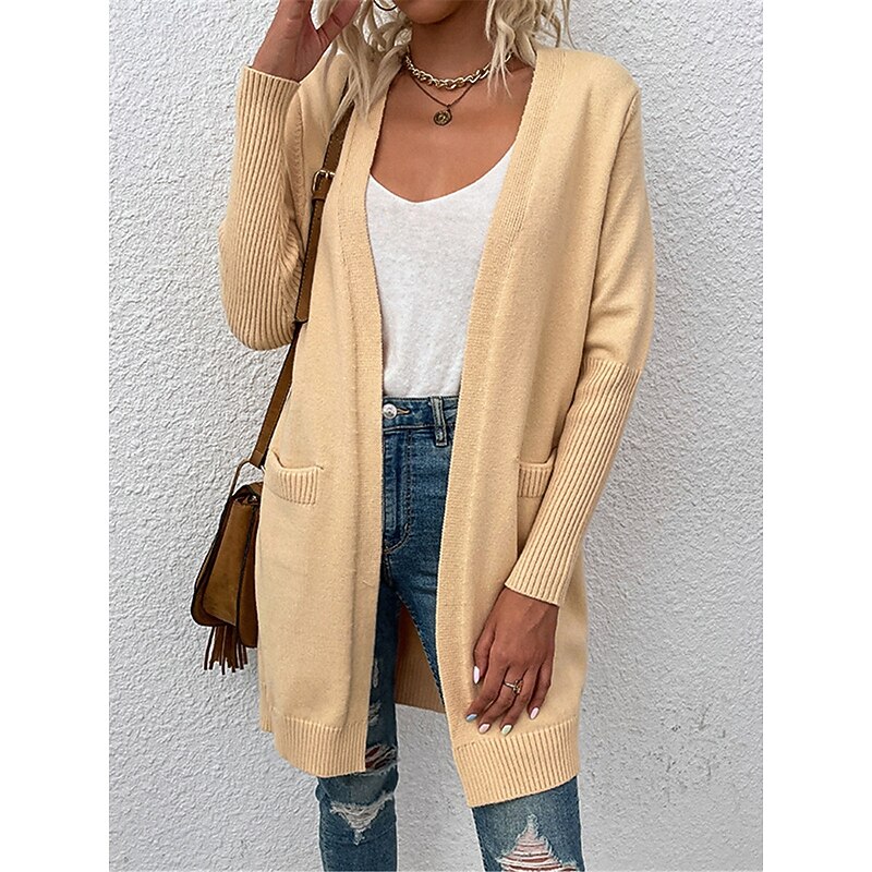 Women's Sweater Cardigan Casual Soft Pure Color Ribbed Open Front Pocket Knitted Long Sleeve Long Tops Knit Outdoor Daily Weekend Khaki Apricot Fall Winter