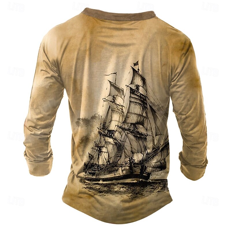 Men's Ship T Shirt Henley Shirt Long Sleeve 3D Print Retro Vintage Casual Vacation Daily Going out Summer Khaki Henley Henley T-Shirt2