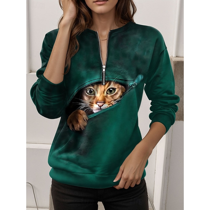 Women's Quarter Zipper Sweater Cat Street Dailywear Print Casual Crew Neck Long Sleeve Micro-elastic Fall Winter Comfrt Breathable Soft Fabric