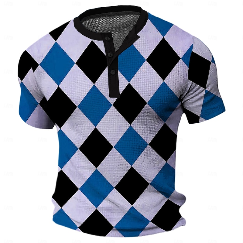 Men's Plaid Waffle Shirt Short Sleeve 3D Print Vacation Fashion Vacation Casual Daily Summer Spring Black Red Blue Brown Henley Henley T-Shirt2