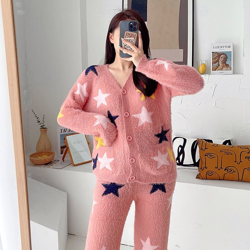 Women's Pajamas Loungewear 2 Pieces Graphic Active Casual Home Daily Fleece Warm Breathable V Neck Long Sleeve Cardigan Pant Fall Winter Home Outfits3
