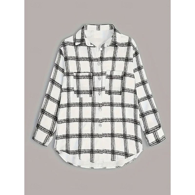 Women's Casual Jacket Outdoor Street Daily Wear Fall Winter Regular Coat Regular Fit Thermal Warm Breathable Stylish Casual Jacket Long Sleeve Stripes and Plaid with Pockets Print White3