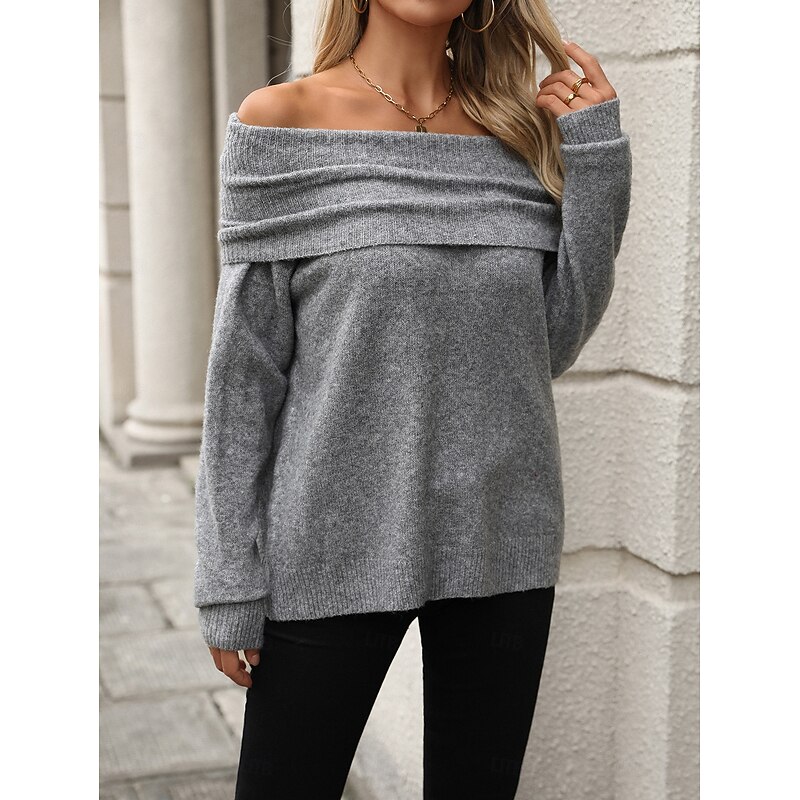 Cowl Neck Off Shoulder loost Fit Knit Knitted Fall Winter Work Daily Long Sleeve Solid Color Pink Khaki2