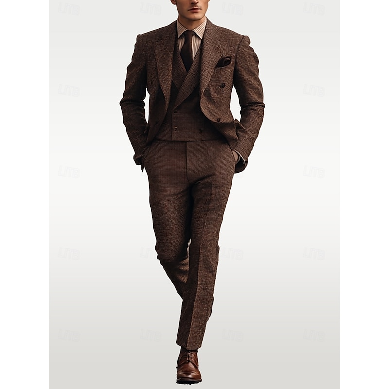Men's Wedding Prom Tweed Suits Notch Lapel Chocolate Fashion Retro Vintage Herringbone Tailored Fit 3 Piece Double Breasted Six-buttons2