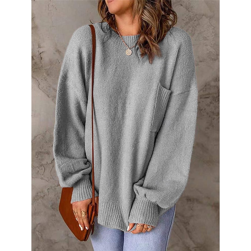 Women's Sweater Pullover Sweater Jumper Casual Soft Pure Color Ribbed Crew Neck Pocket Knitted Long Sleeve Regular Tops Knit Outdoor Daily Weekend Gray Fall Winter