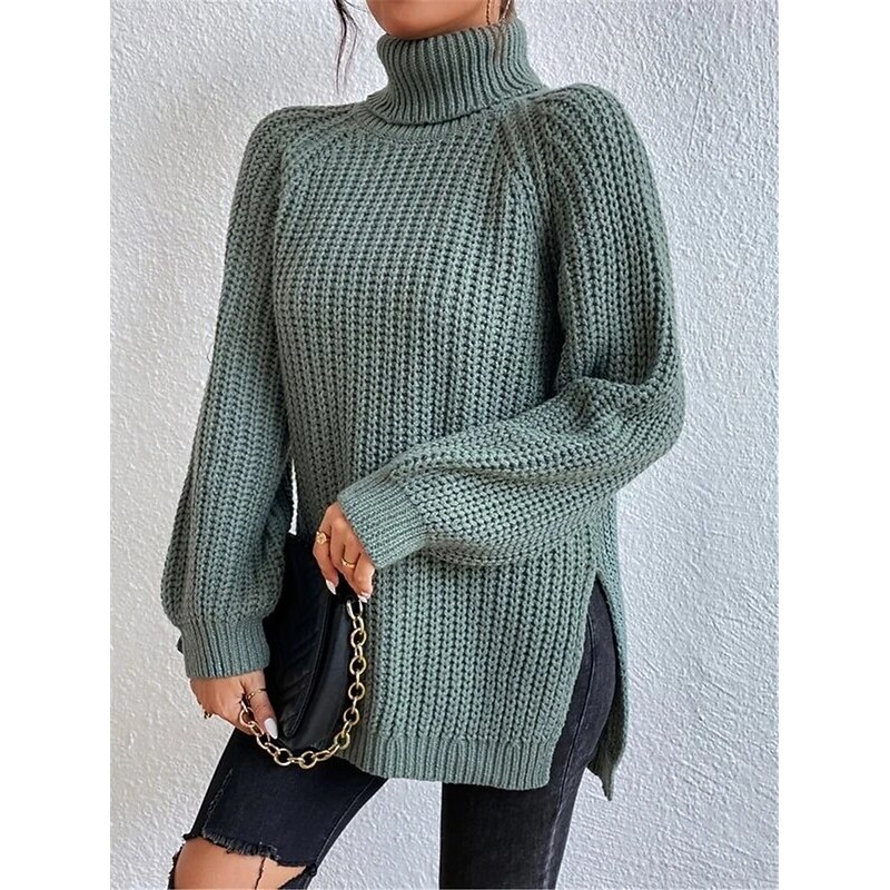 Women's Sweater Pullover Sweater Jumper Casual Soft Pure Color Chunky Turtleneck Knitted Long Sleeve Regular Tops Knit Outdoor Daily Weekend Light Green Wine Fall Winter3