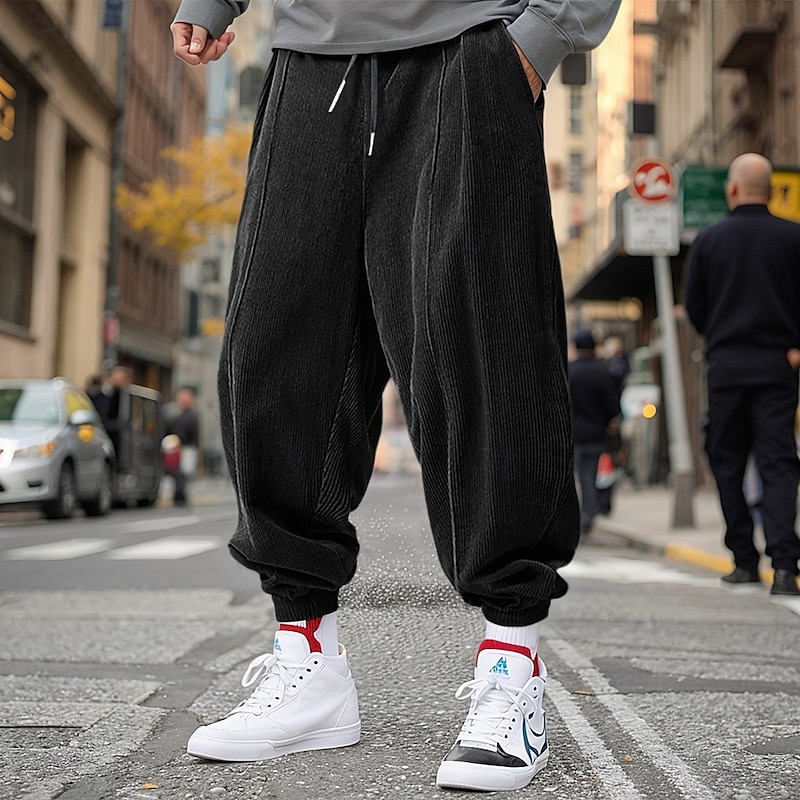 Men's Joggers Corduroy Pants Trousers Drawstring Elastic Waist Elastic Cuff Plain Comfort Breathable Full Length Casual Daily Holiday Sports Fashion Loose Fit Black Navy Blue Micro-elastic