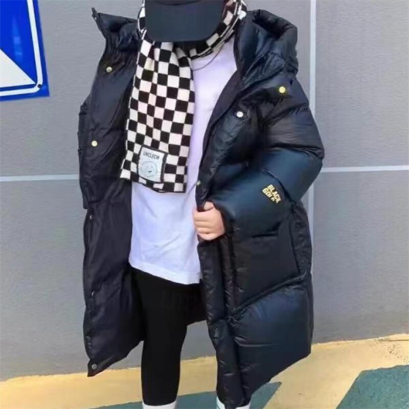 Kids Boys' Down Coat Hoodie Jacket Puffer Jacket Outerwear Solid Color Long Sleeve Pocket Coat Outdoor Daily Basic Black Fall Winter 5 years+2