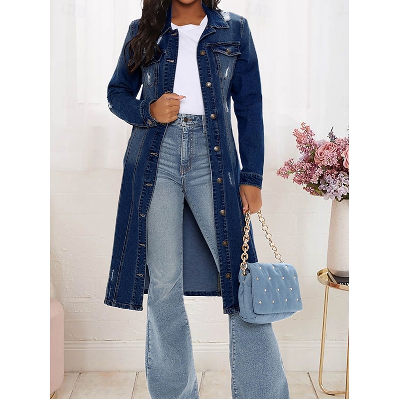 Women's Denim Jacket Outdoor Street Daily Wear Fall Winter Long Coat Regular Fit Thermal Warm Breathable Stylish Casual Jacket Long Sleeve Solid Color with Pockets Light Blue Navy Blue Blue