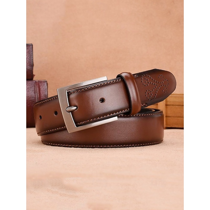 Men's Brown Leather Belt – Classic Buckle Design with Embossed Pattern, Perfect for Casual and Formal Wear3