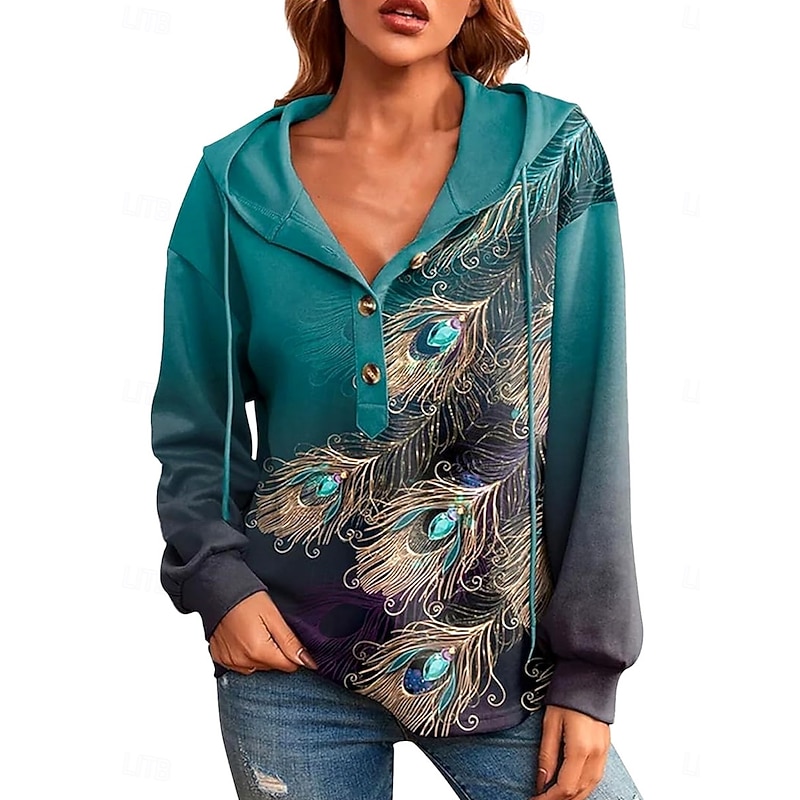 Women's Hoodie Sweatshirt Casual Graphic Plain Street Dailywear Hooded Buttons Print Long Sleeve Navy Blue Blue Light Blue Fall Winter2