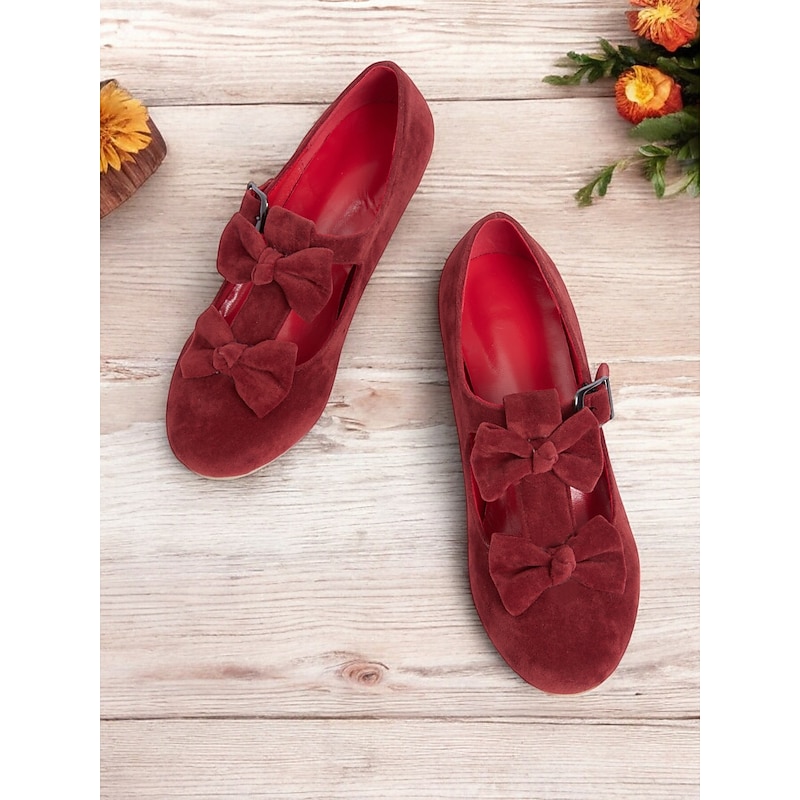 Women's Vintage Mary Jane Heels with Bowknot Decoration – Red Suede Chunky Mid Heel Shoes for Formal Events3